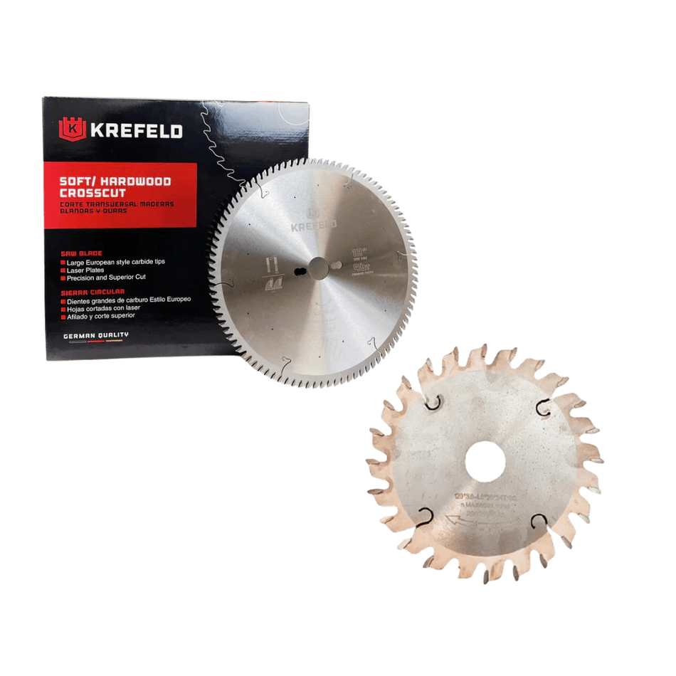 Krefed Combo Circular Finish Saw Blade + 12 Inch with Scoring Blade 4&nbsp;3/4 in, Max. Blade Speed 5,000 RPM, Arbor Size 3/4 in, Arbor Shape Round, Carbide Tip.
