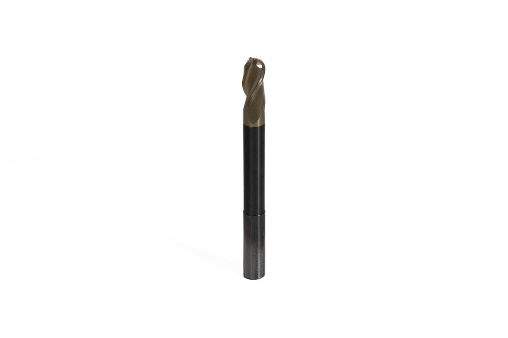 KWS - Extra Long CNC 2D and 3D Carving Tapered Ball Nose 0.10 Deg Angle x 3/8 Dia x 3/16 Radius x 3/4 Cut Height x 3/8 Shk x 4" Long x 3 Flute Solid Carbide ZrN Coated Reduced Shank Router Bit
