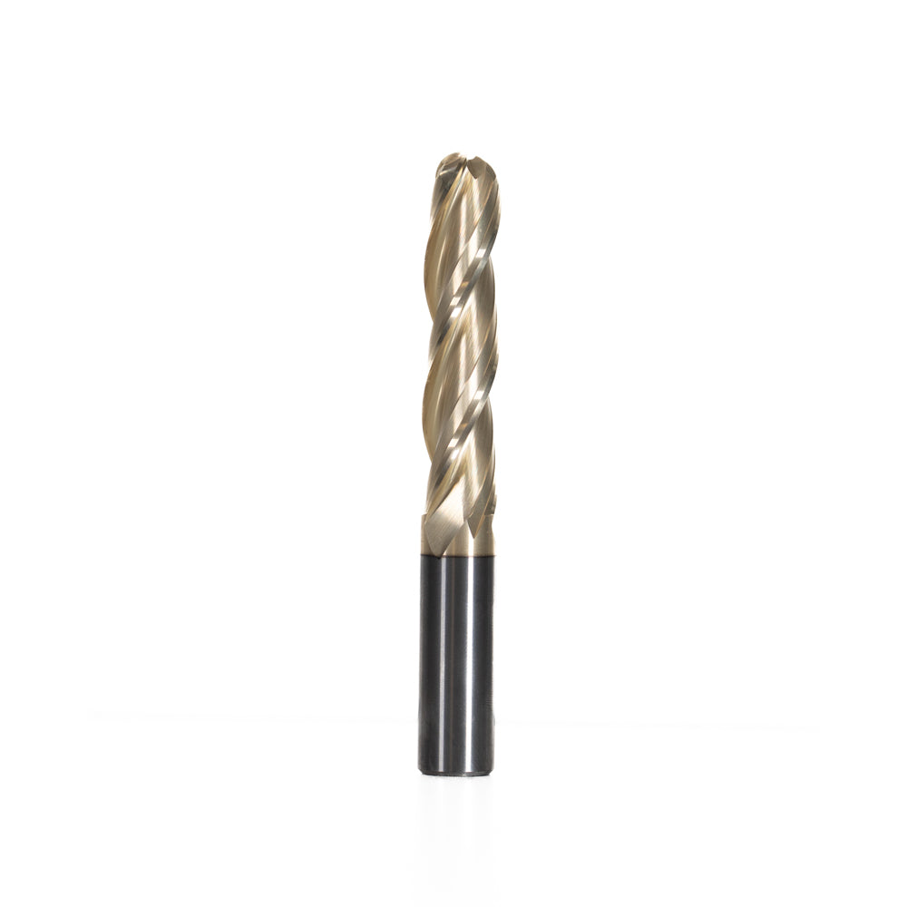 Krefeld CNC 2D and 3D Carving 0.10 Deg Straight Angle Ball Tip 1/2 Dia x 1/4 Radius x 2-1/4 x 1/2 Shank x 4 Inch Long x 3 Flute Solid Carbide ZrN Coated