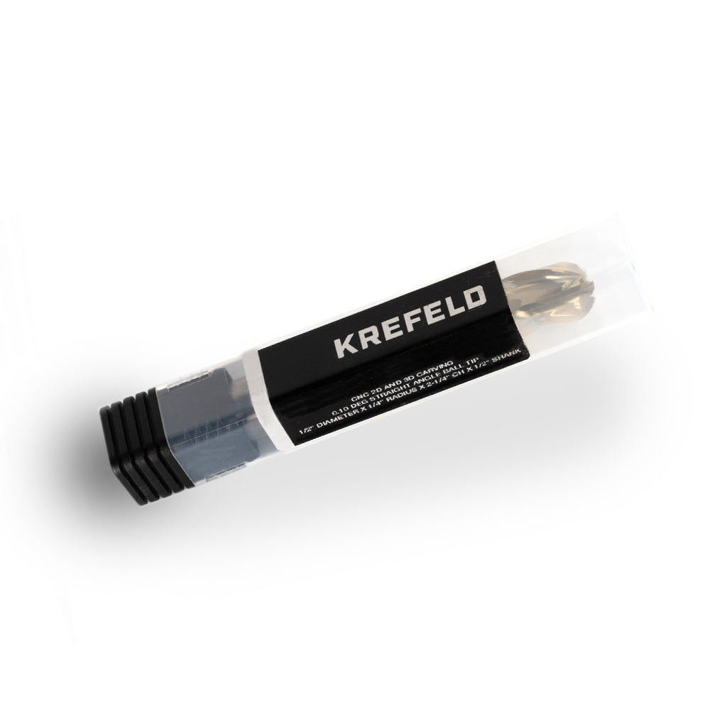 Krefeld CNC 2D and 3D Carving 0.10 Deg Straight Angle Ball Tip 1/2 Dia x 1/4 Radius x 2-1/4 x 1/2 Shank x 4 Inch Long x 3 Flute Solid Carbide ZrN Coated